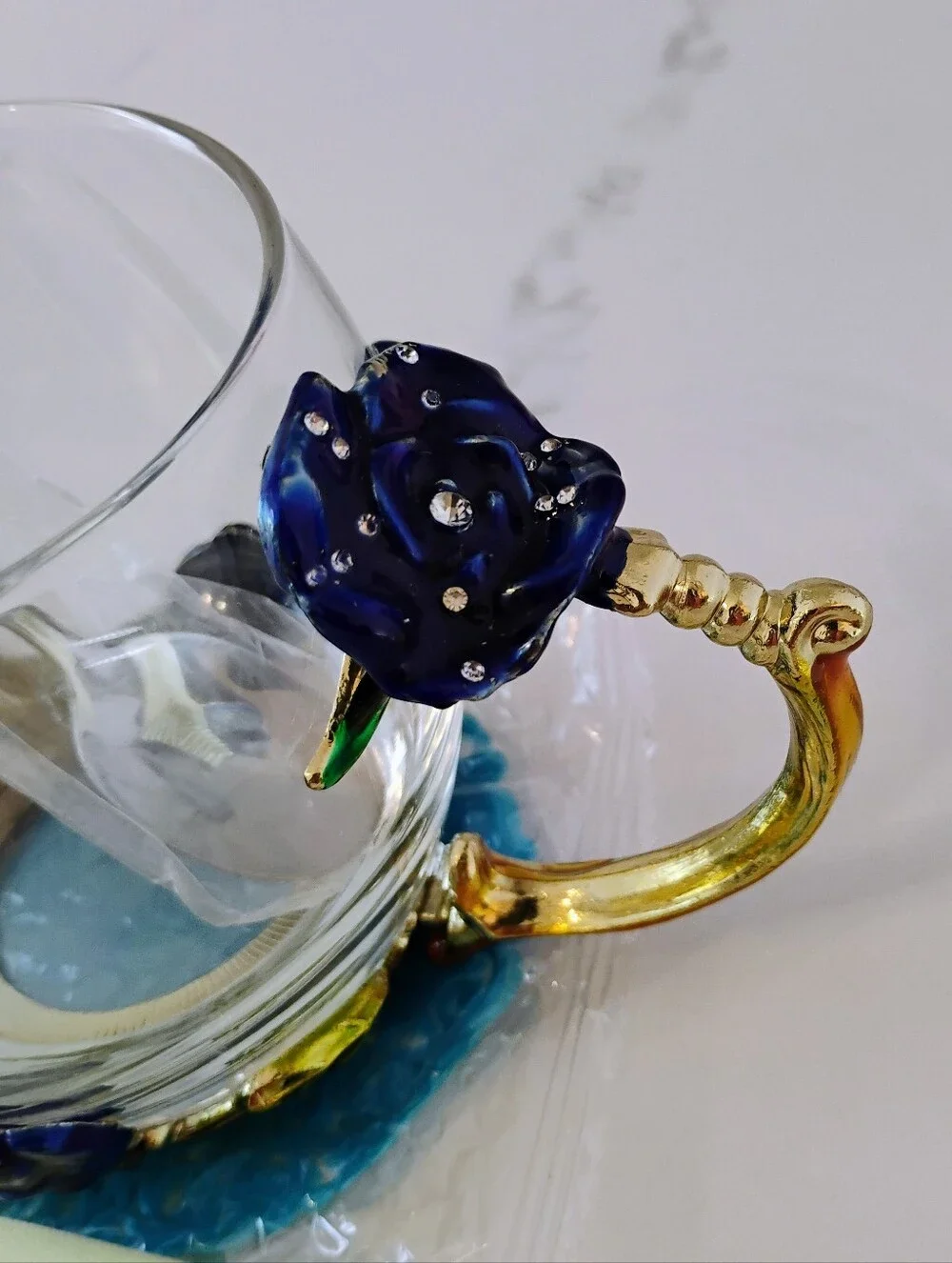 NIB Glass Tea Cup Set w/Enamel Butterfly Accents - Blue & Gold
